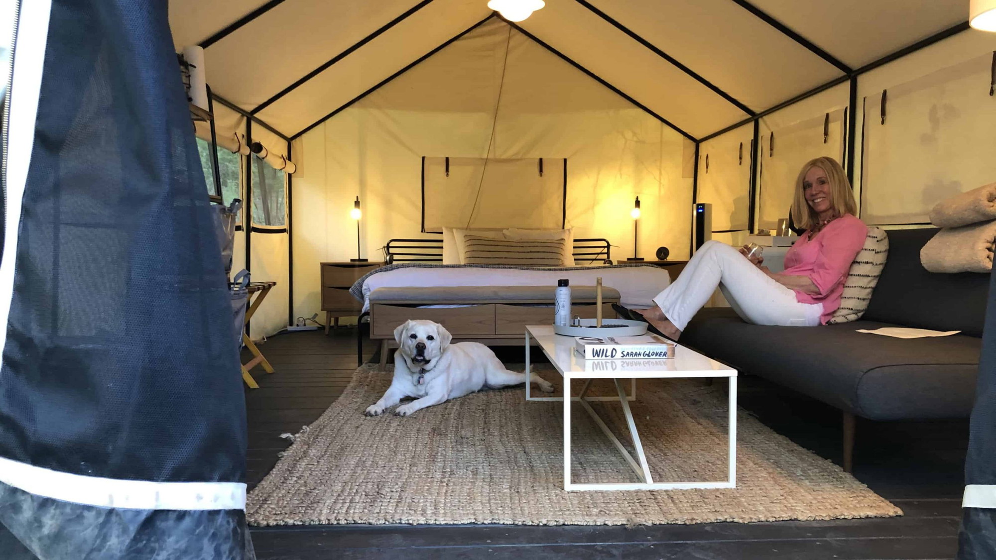 A vibrant dog park bathed in sunlight features abundant greenery with mature trees, offering ample shade for leisurely outdoor activities. In the distance is a well-equipped playground that presents an additional activity area. An inviting picnic table spreads out nearby, ideal for enjoying meals al fresco or taking relaxing breaks from play. A neatly-placed trash bin aids in maintaining the park's cleanliness for everyone's enjoyment. Dominating the scene is a generously wide dirt path gracefully curving through the expanse of grass, promising exploratory walks and lively fetch games.