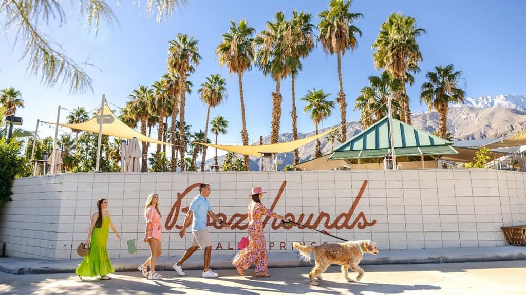 people walk in front of Boozehounds with dog on leash